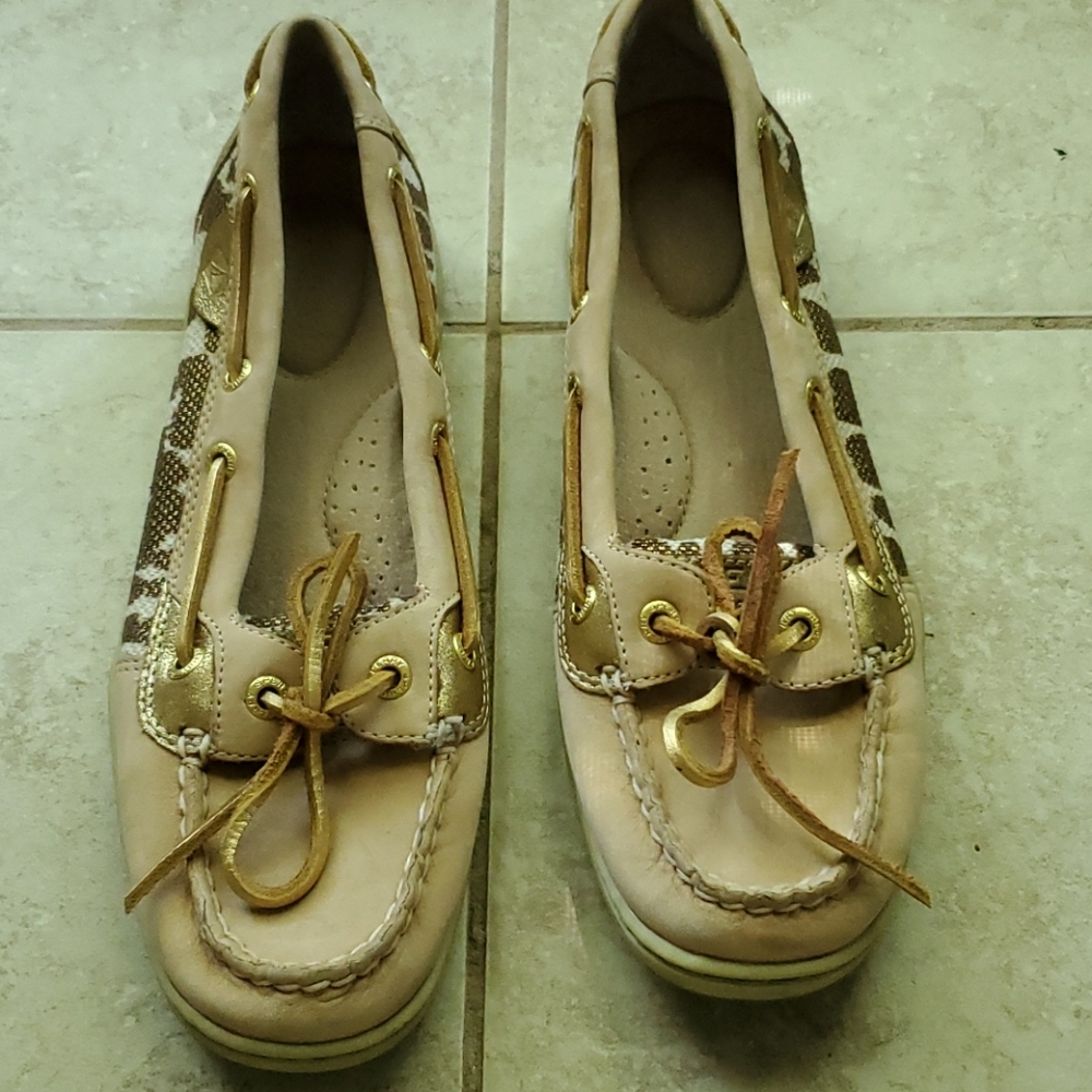 Tan and gold with giraffe pattern loafers.